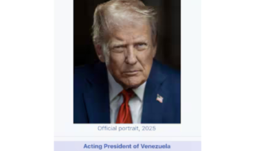 U.S. President Donald Trump posted an edited image on Truth Social portraying himself as the “Acting President of Venezuela.