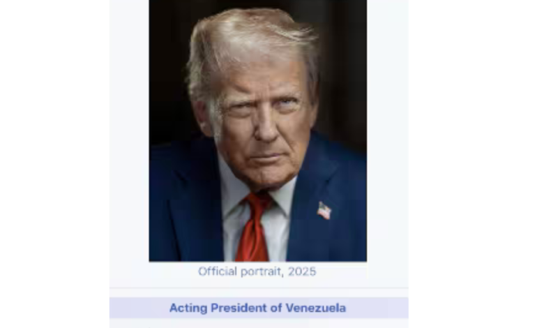 U.S. President Donald Trump posted an edited image on Truth Social portraying himself as the “Acting President of Venezuela.